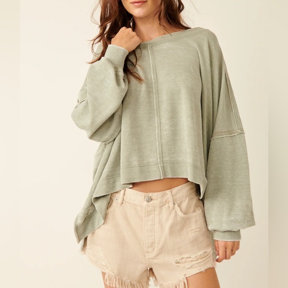 Free People Tops - Free People Daisy Sweatshirt Washed Army Green Small S Oversized Heart OB1899422